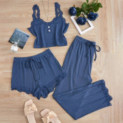 New 2025 Women's Summer 3PCS Pajama Sets Solid Vest Shorts and Pants Paired with Lace Splicing for Homewear Sexy Sleepwear Sets - A-1 Thread Vault
