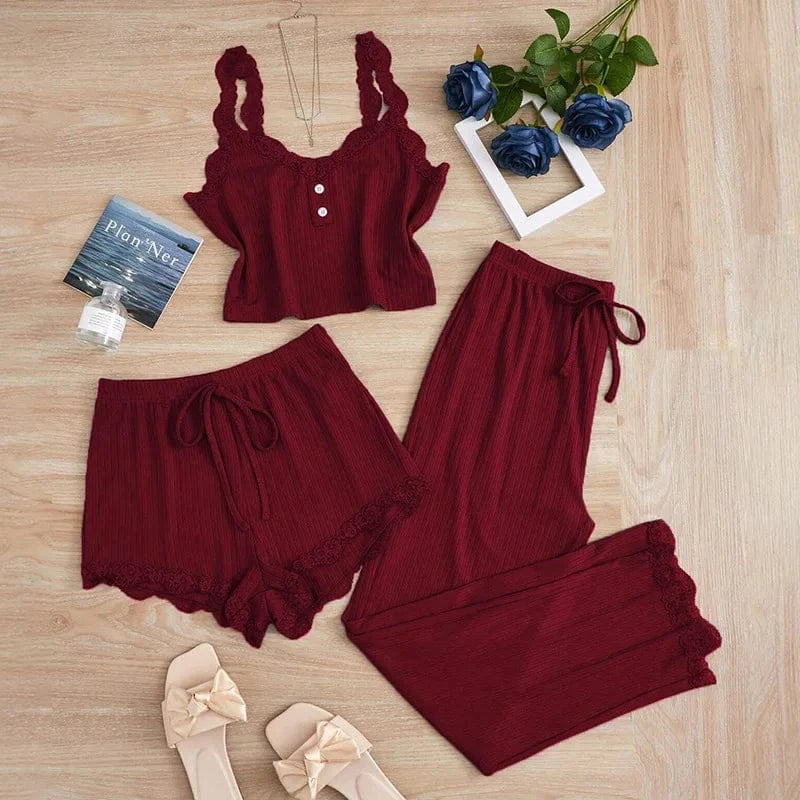 New 2025 Women's Summer 3PCS Pajama Sets Solid Vest Shorts and Pants Paired with Lace Splicing for Homewear Sexy Sleepwear Sets - A-1 Thread Vault