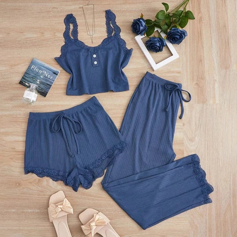 New 2025 Women's Summer 3PCS Pajama Sets Solid Vest Shorts and Pants Paired with Lace Splicing for Homewear Sexy Sleepwear Sets - A-1 Thread Vault