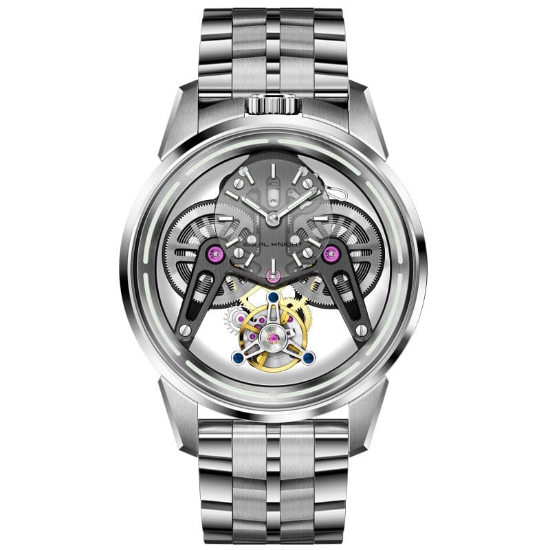 A silver-toned stainless steel mechanical wristwatch features a skeletonized dial displaying intricate internal gears, components, and a circular movement structure set within a round polished case and a linked metal bracelet.