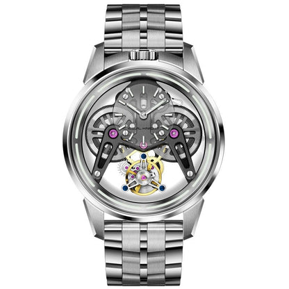A silver-toned stainless steel mechanical wristwatch features a skeletonized dial displaying intricate internal gears, components, and a circular movement structure set within a round polished case and a linked metal bracelet.