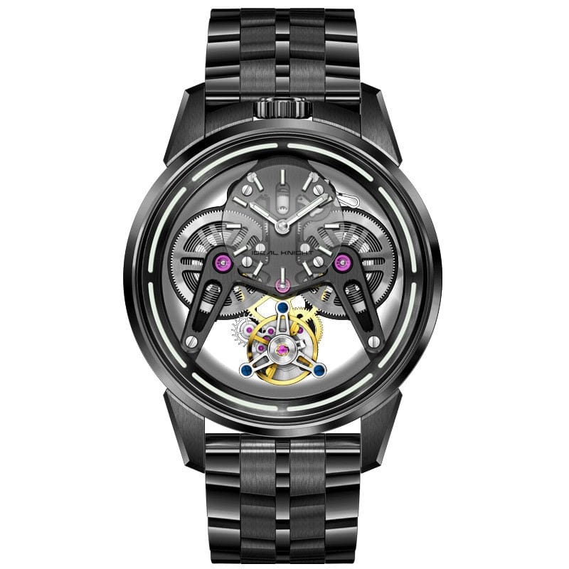 A round skeletonized watch with a black metal link band, featuring a complex exposed mechanical movement with visible gears and purple accents on a dark grey face.