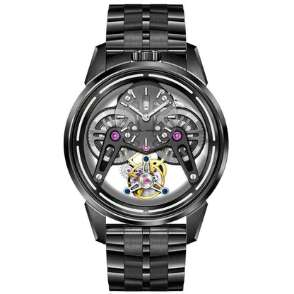 A round skeletonized watch with a black metal link band, featuring a complex exposed mechanical movement with visible gears and purple accents on a dark grey face.