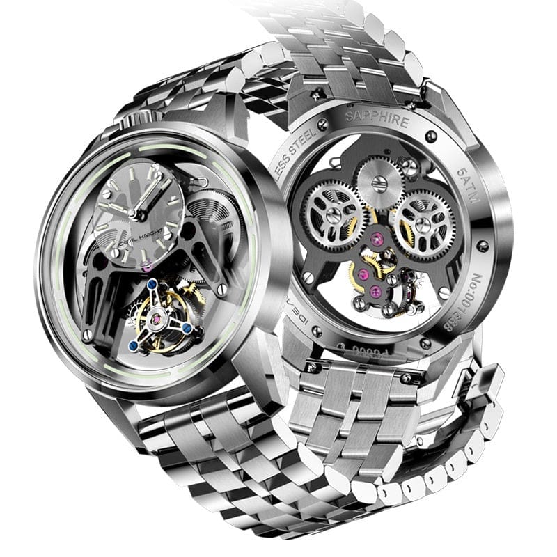 A silver-toned stainless steel mechanical watch with a skeletonized dial displaying intricate exposed gear movements and a dual-view design showing both the front face and the back casing.