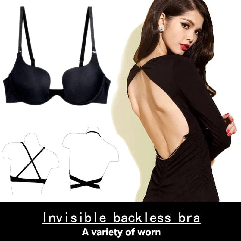 New Hot Sexy Bra Push Up U Plunge Bra Of Underwear Women D Cup Seamless Half Cup Bra And Brief Dress Lingerie Halter Solid Black - A-1 Thread Vault