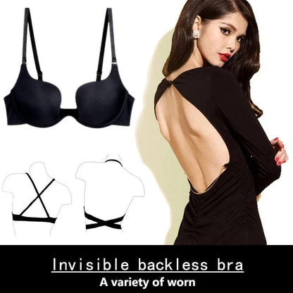 New Hot Sexy Bra Push Up U Plunge Bra Of Underwear Women D Cup Seamless Half Cup Bra And Brief Dress Lingerie Halter Solid Black - A-1 Thread Vault