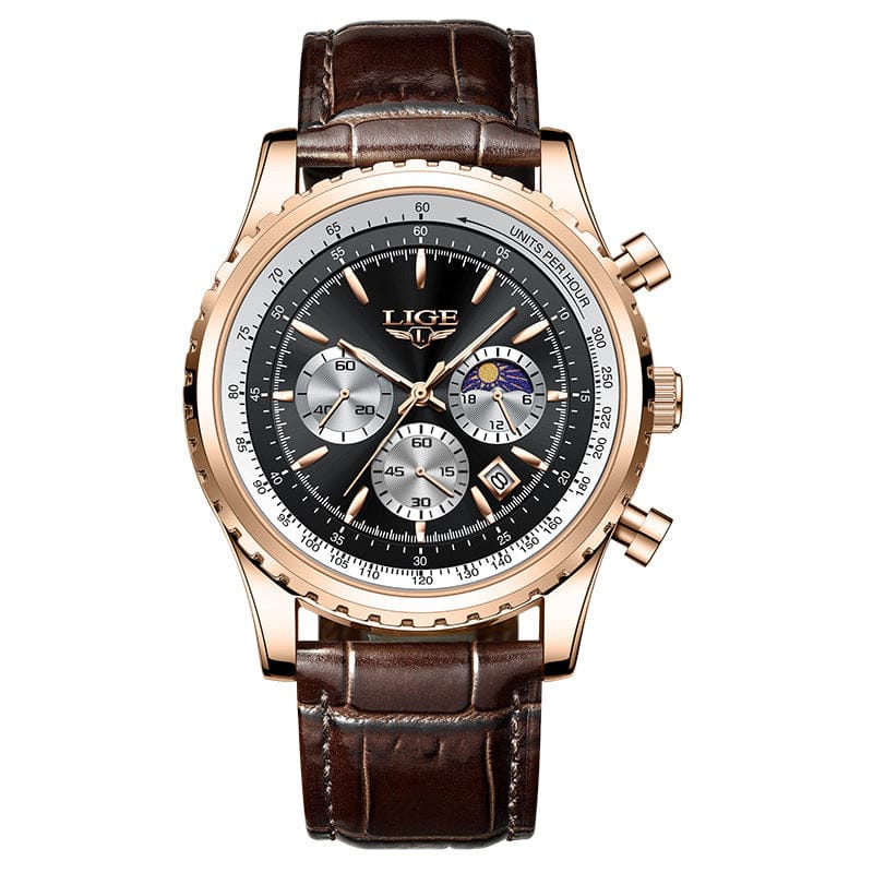 A men's analog chronograph watch featuring a round rose gold-tone case, a black dial with three sub-dials, a date display, and a textured brown leather strap.