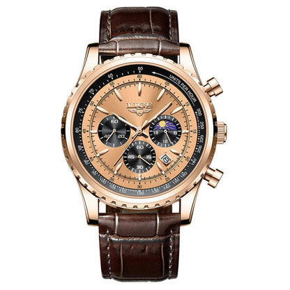 A rose gold tone chronograph wristwatch with a dark brown leather strap, a champagne dial featuring three sub-dials, and a date window.