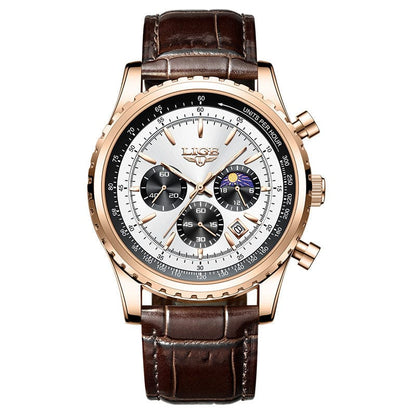 A rose gold chronograph wristwatch featuring a white dial with three black sub-dials, a date window, and a brown crocodile-patterned leather strap.