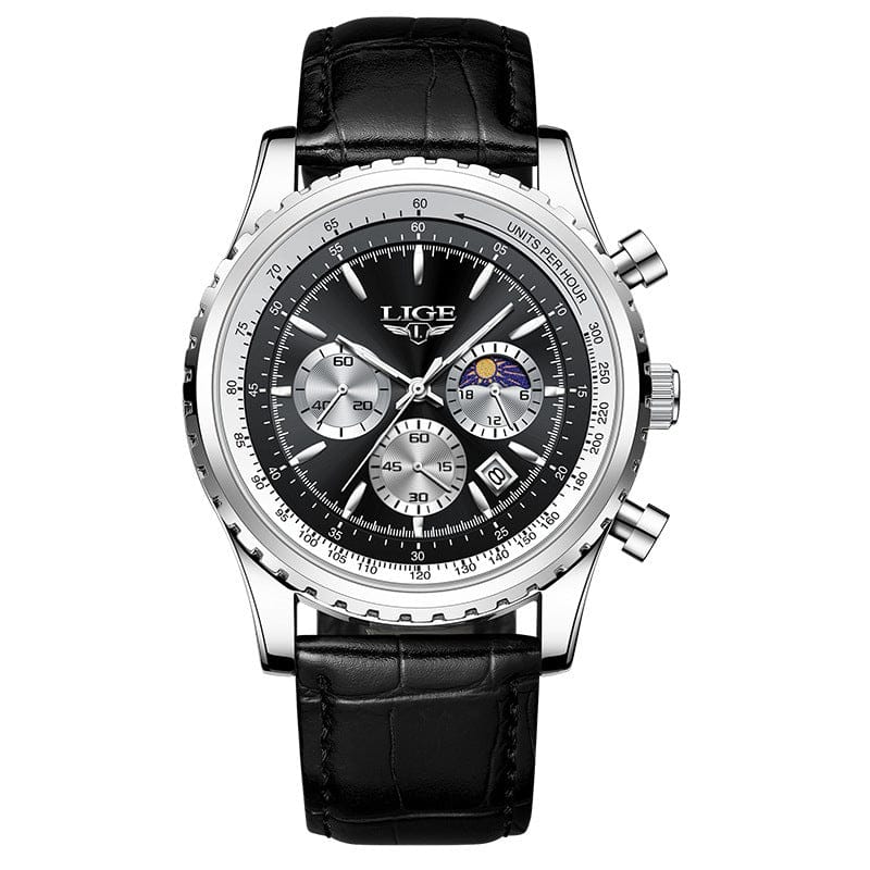 A round silver-toned chronograph wristwatch with a black dial, three sub-dials, a moon phase display, and a black leather strap with a crocodile pattern.