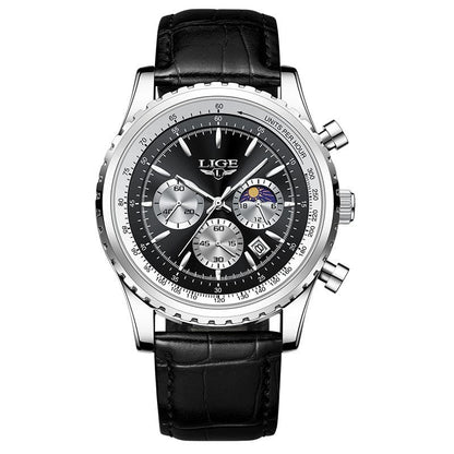 A round silver-toned chronograph wristwatch with a black dial, three sub-dials, a moon phase display, and a black leather strap with a crocodile pattern.