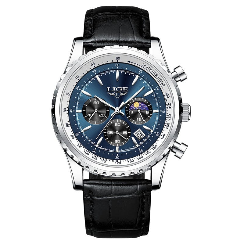 A round chronograph watch with a blue dial, silver hands and markers, a date display, a moon phase sub-dial, and a black leather strap.