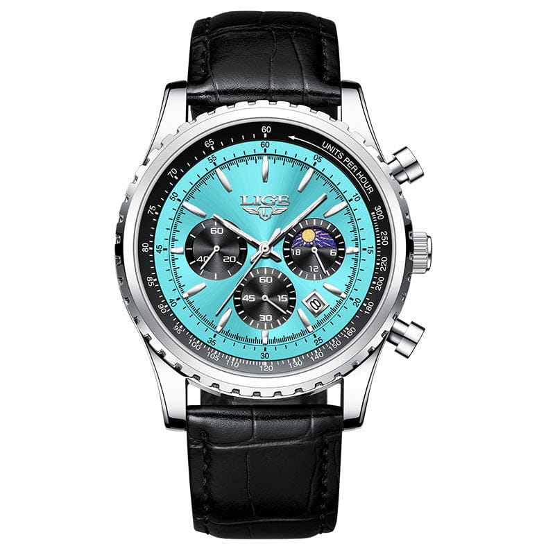 A men's chronograph wristwatch featuring a vibrant turquoise dial, three black sub-dials, a date window, and a black leather strap with a textured finish.