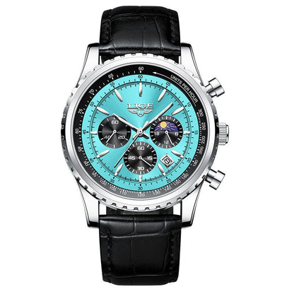 A men's chronograph wristwatch featuring a vibrant turquoise dial, three black sub-dials, a date window, and a black leather strap with a textured finish.
