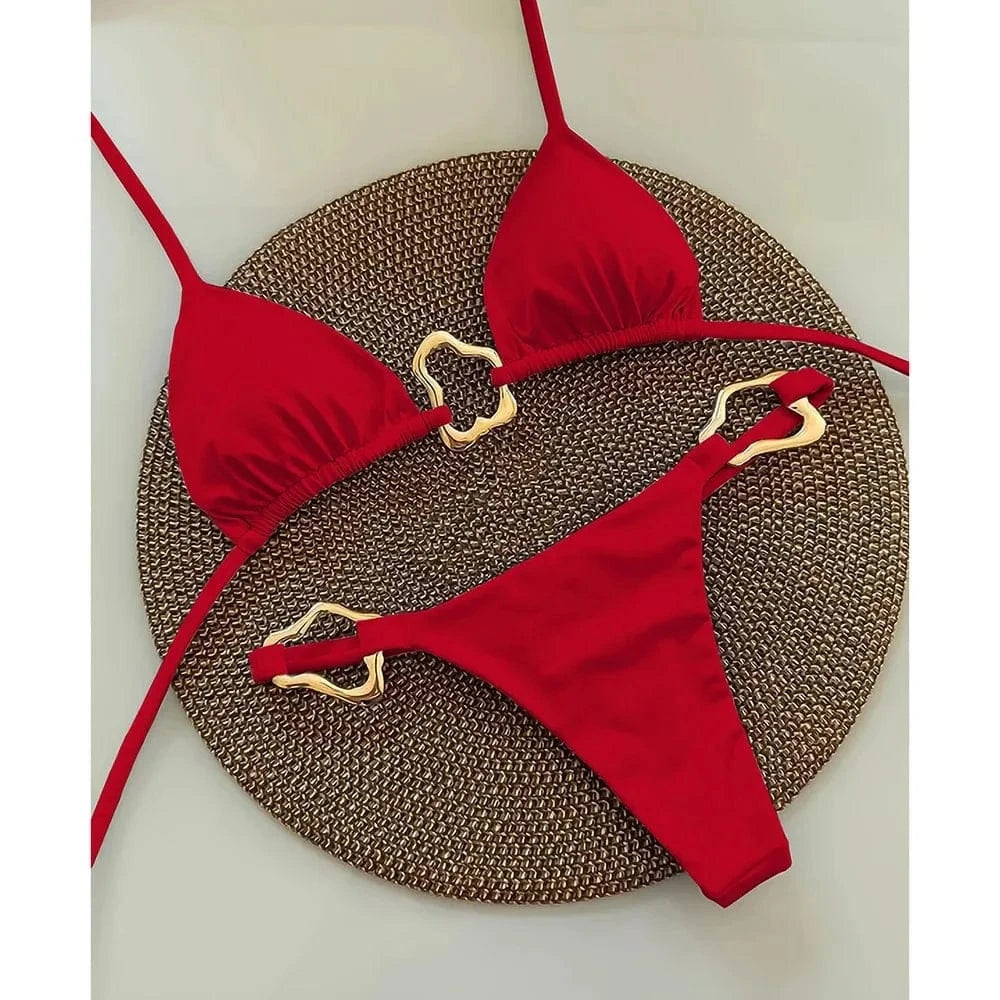 New Sexy Bikini Solid Color Lace-up Split Two-piece Swimsuit for Women - A-1 Thread Vault