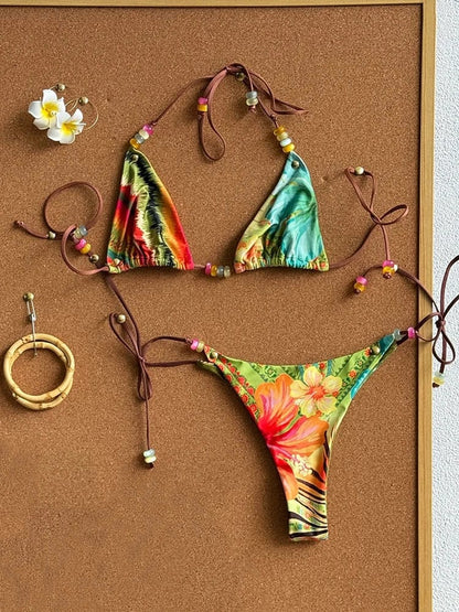 New Sexy Low Waist Bikini Set Print Swimwear Women Swimsuit Brazilian Strappy Halter Beachwear Bathing Suit biquini Female - A-1 Thread Vault