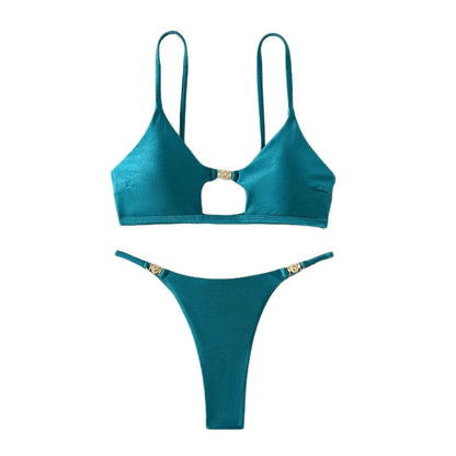 New Sexy Sheen High-Cut Bikini Set Shiny Swimwear for Women Push Up Triangle Top Brazilian Cheeky Bottom Beach Pool Vacation - A-1 Thread Vault