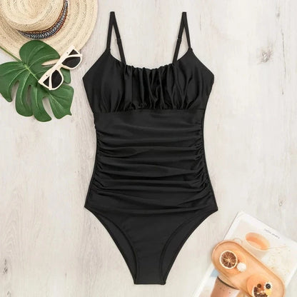 New Solid Black One Piece Swimsuit for Women Sexy Wrinkle Slim Pleate Tummy Control Swimwear Beach Bathing Suit Holiday Monokini - A-1 Thread Vault