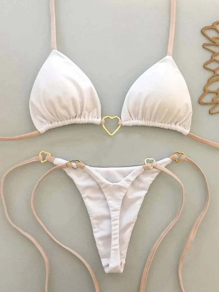 New Solid Color White Bikini Women suit Low Waist Lace-up Fashionable Swimsuit Two-piece Set - A-1 Thread Vault