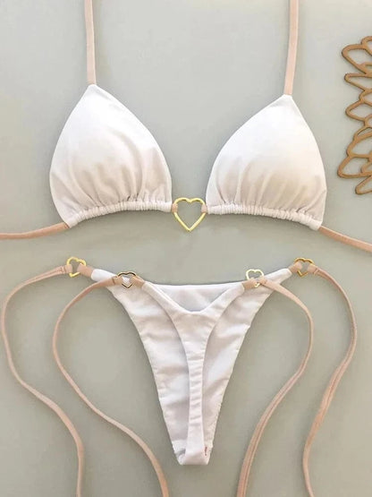 New Solid Color White Bikini Women suit Low Waist Lace-up Fashionable Swimsuit Two-piece Set - A-1 Thread Vault