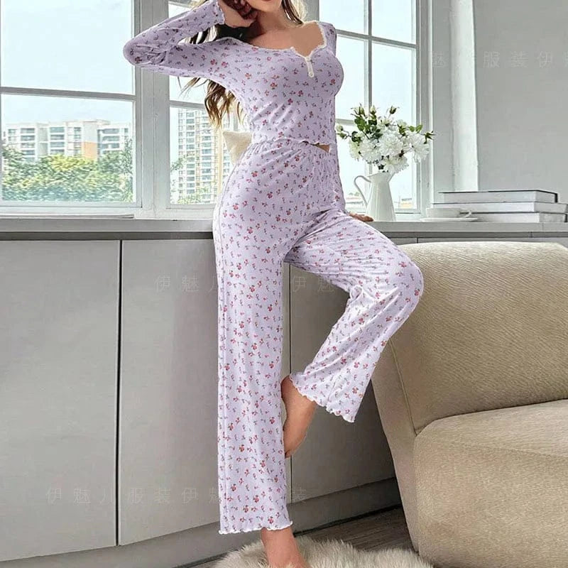 New Women Soft Comfortable sexy Floral Print Pajama Set Long Sleeve Top and Pants Loungewear Sleepwear Two Piece Set Homewear - A-1 Thread Vault