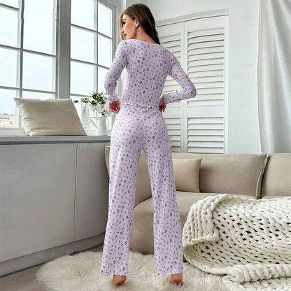 New Women Soft Comfortable sexy Floral Print Pajama Set Long Sleeve Top and Pants Loungewear Sleepwear Two Piece Set Homewear - A-1 Thread Vault