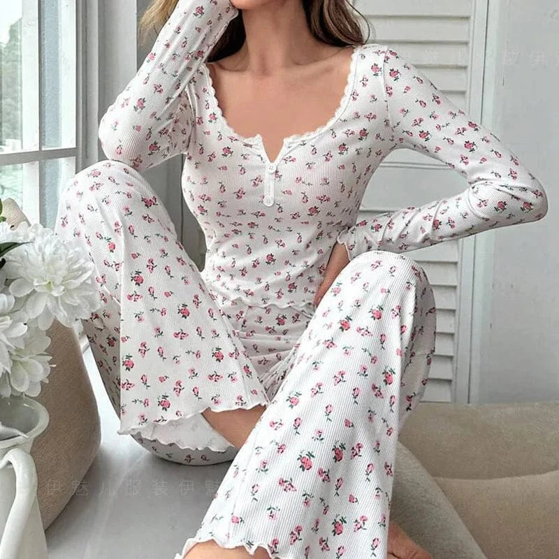 New Women Soft Comfortable sexy Floral Print Pajama Set Long Sleeve Top and Pants Loungewear Sleepwear Two Piece Set Homewear - A-1 Thread Vault