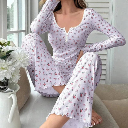 New Women Soft Comfortable sexy Floral Print Pajama Set Long Sleeve Top and Pants Loungewear Sleepwear Two Piece Set Homewear - A-1 Thread Vault