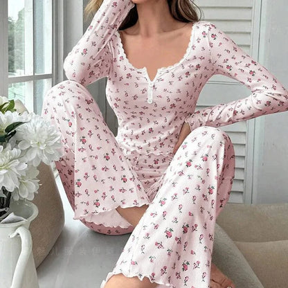 New Women Soft Comfortable sexy Floral Print Pajama Set Long Sleeve Top and Pants Loungewear Sleepwear Two Piece Set Homewear - A-1 Thread Vault