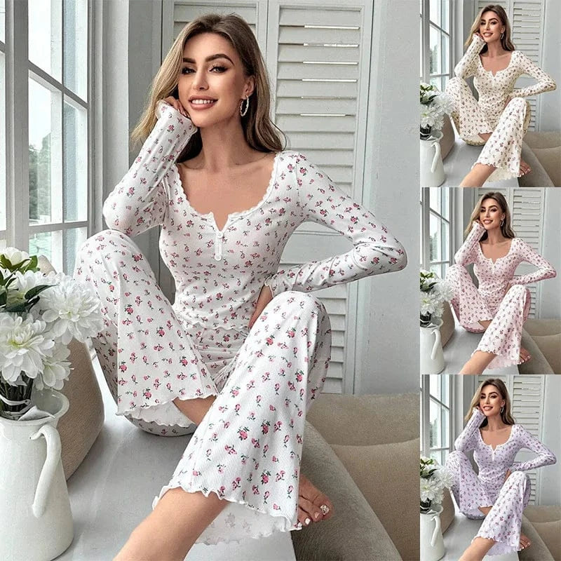 New Women Soft Comfortable sexy Floral Print Pajama Set Long Sleeve Top and Pants Loungewear Sleepwear Two Piece Set Homewear - A-1 Thread Vault