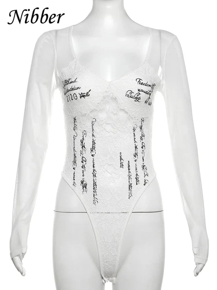 Nibber Lace up Woman Letter Print Bodysuits U Collar Hollow Out Long Sleeves Skinny Mesh Look Slimmer Korean Hottie Outfits - A-1 Thread Vault