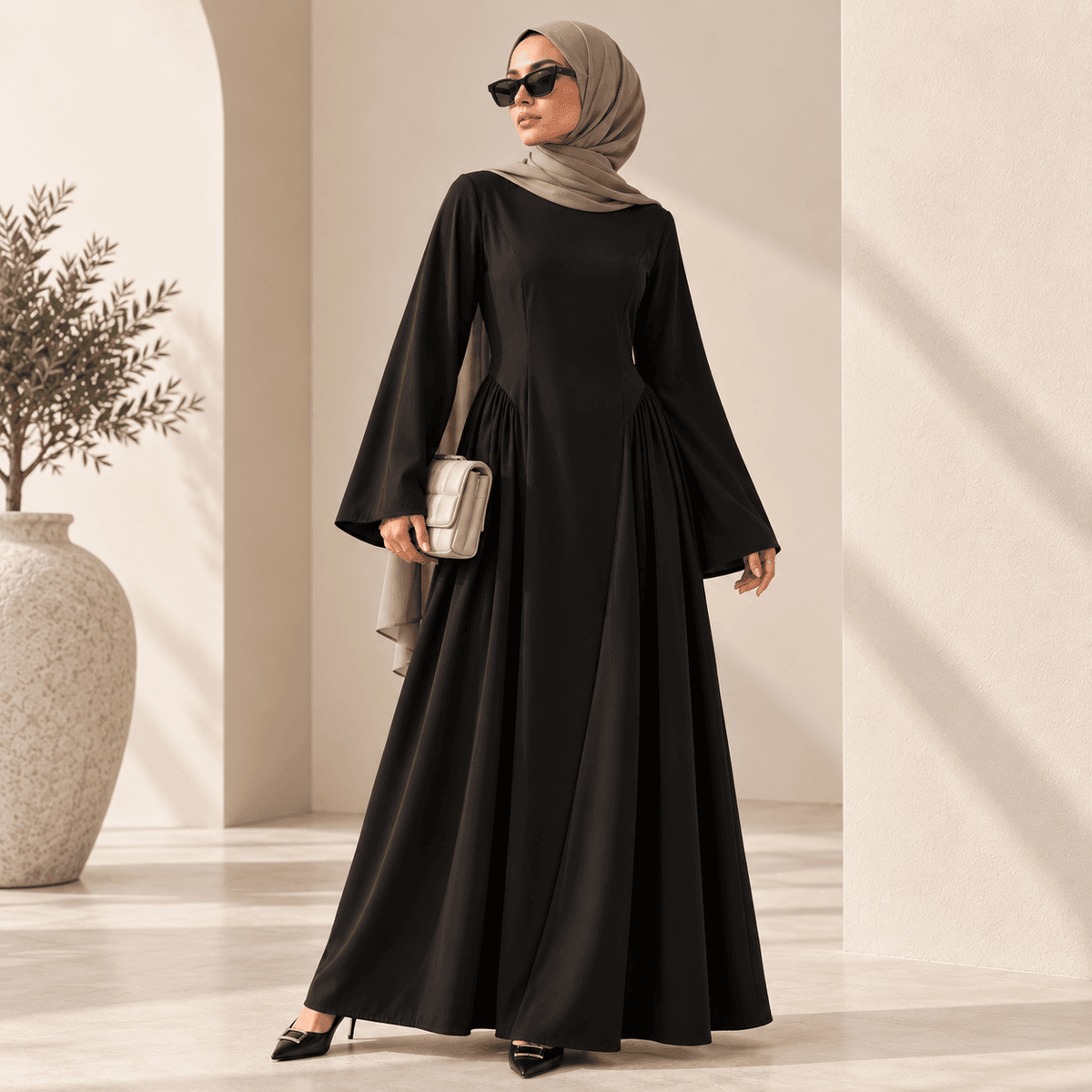 Nida Flared Maxi Dress with Pleated A-Line Skirt & Wide Bell Sleeves(MS435) - A-1 Thread Vault