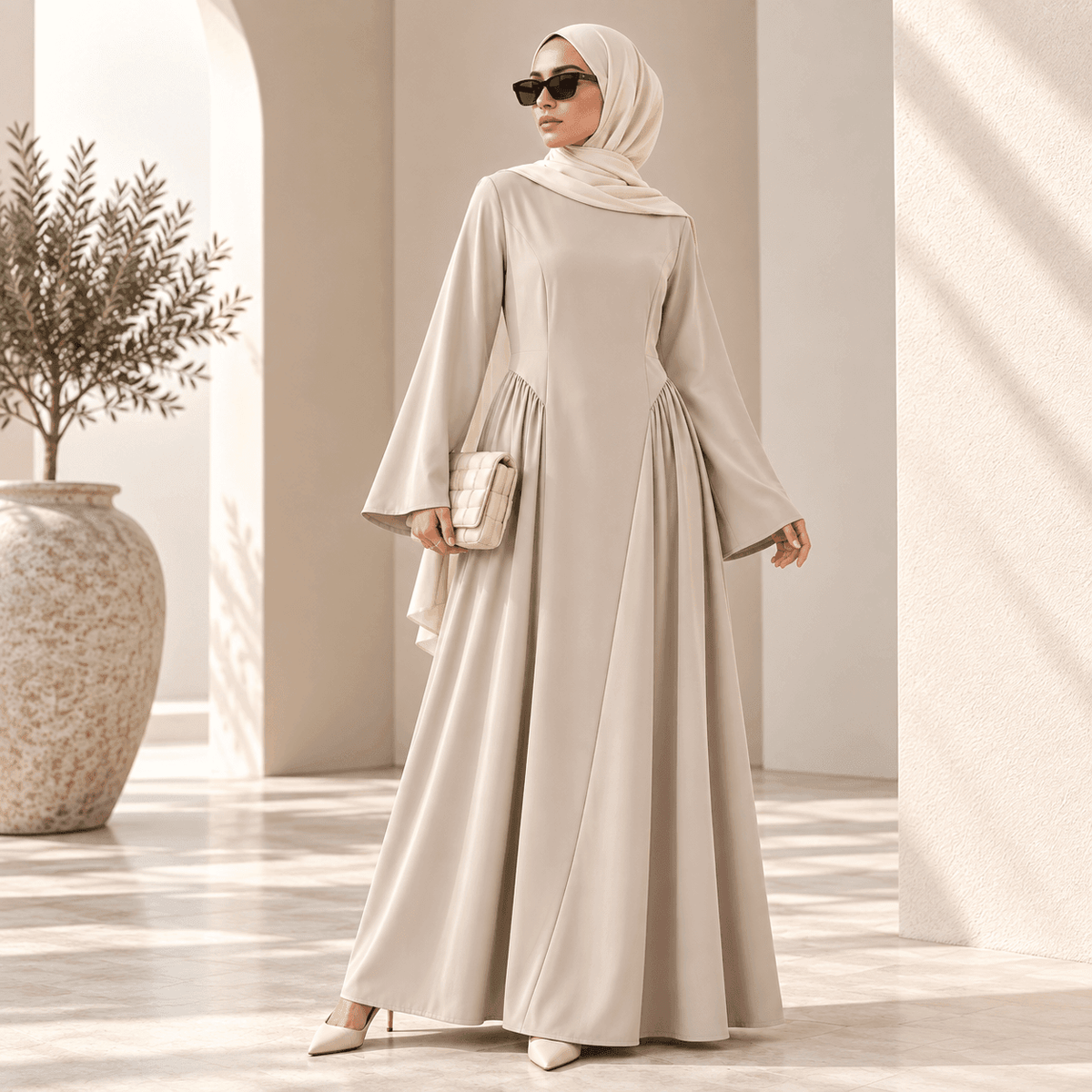 Nida Flared Maxi Dress with Pleated A-Line Skirt & Wide Bell Sleeves(MS435) - A-1 Thread Vault