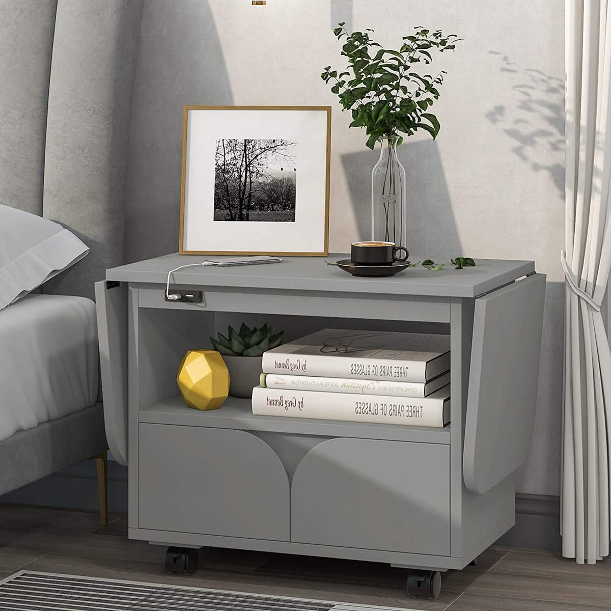 Nightstand with USB Port and Foldable Tabletop - A-1 Thread Vault