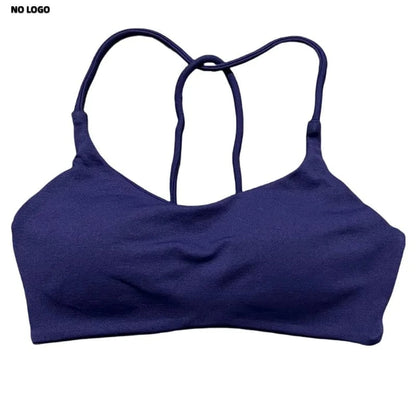A deep navy blue sports bra with thin, cross-back straps set against a white background.