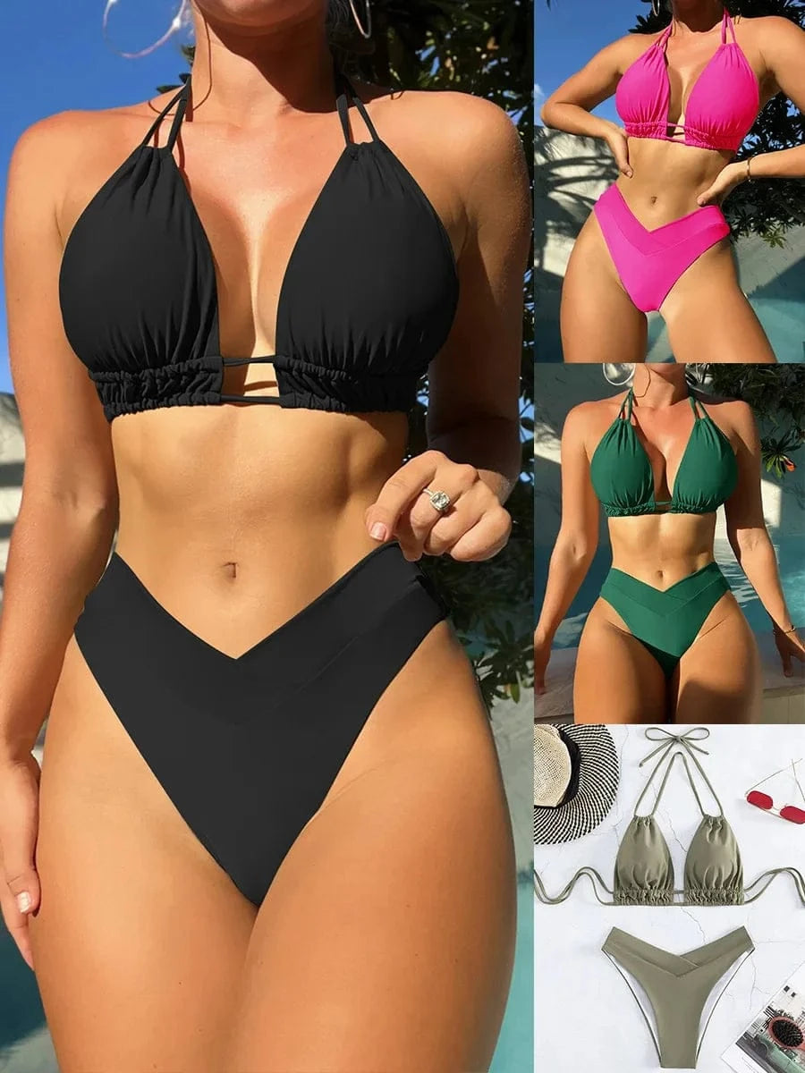 Nylon Solid Bikini Swimwear Sexy Fashion Modelling Design Swimsuit Women 2025 New Style Beachwear for Bathing Suit - A-1 Thread Vault