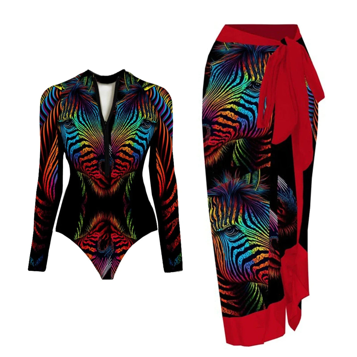 One Piece Swimsuit Long Sleeve Zip Front Blue White One Piece Surf Swimsuit and Sarong Swimwear Slimming Bathing Suit Beach Wear - A-1 Thread Vault
