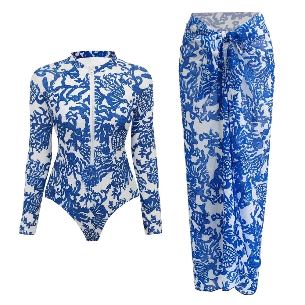 One Piece Swimsuit Long Sleeve Zip Front Blue White One Piece Surf Swimsuit and Sarong Swimwear Slimming Bathing Suit Beach Wear - A-1 Thread Vault