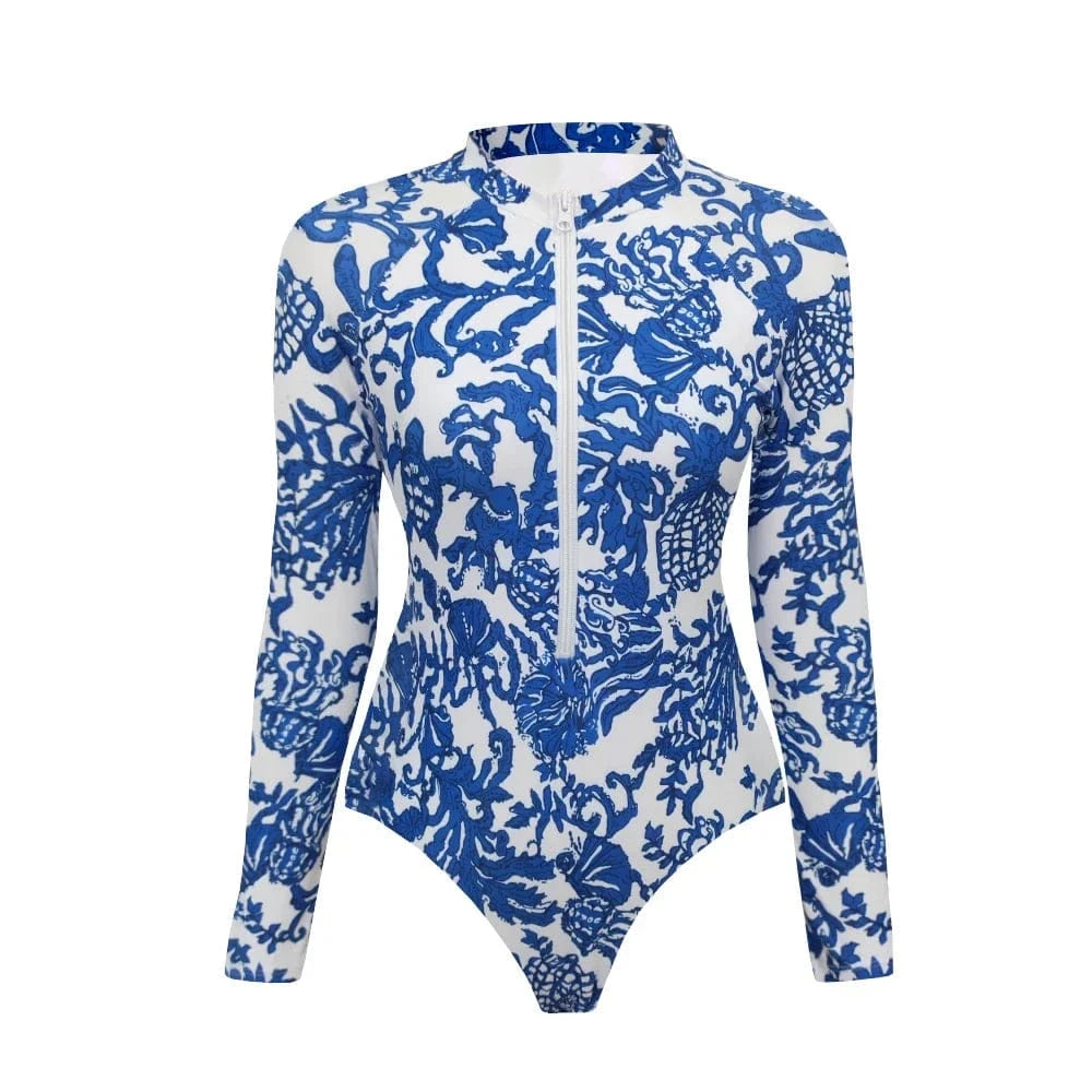 One Piece Swimsuit Long Sleeve Zip Front Blue White One Piece Surf Swimsuit and Sarong Swimwear Slimming Bathing Suit Beach Wear - A-1 Thread Vault
