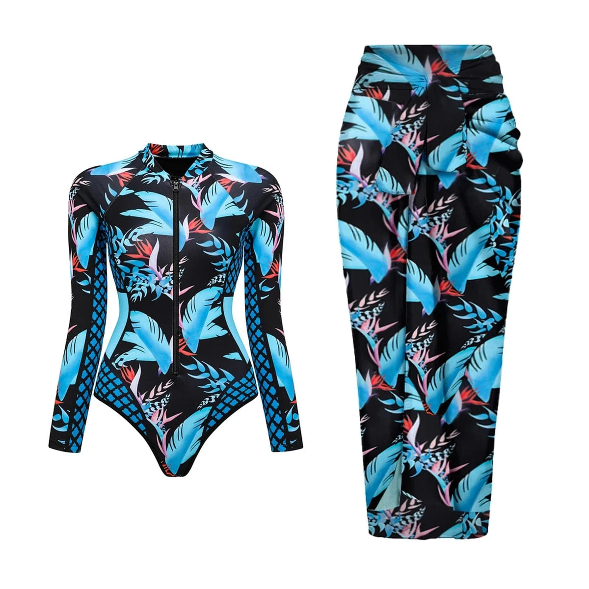 One Piece Swimsuit Long Sleeve Zip Front Blue White One Piece Surf Swimsuit and Sarong Swimwear Slimming Bathing Suit Beach Wear - A-1 Thread Vault