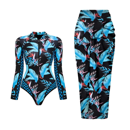 One Piece Swimsuit Long Sleeve Zip Front Blue White One Piece Surf Swimsuit and Sarong Swimwear Slimming Bathing Suit Beach Wear - A-1 Thread Vault