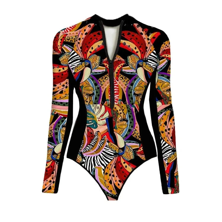One Piece Swimsuit Long Sleeve Zip Front Blue White One Piece Surf Swimsuit and Sarong Swimwear Slimming Bathing Suit Beach Wear - A-1 Thread Vault