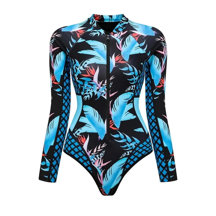 One Piece Swimsuit Long Sleeve Zip Front Blue White One Piece Surf Swimsuit and Sarong Swimwear Slimming Bathing Suit Beach Wear - A-1 Thread Vault