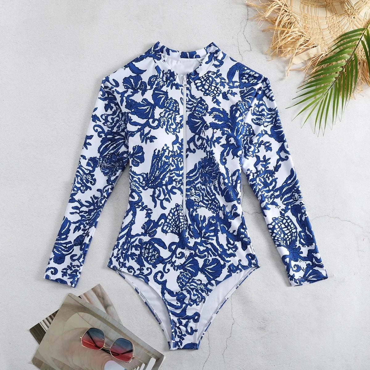 One Piece Swimsuit Long Sleeve Zip Front Blue White One Piece Surf Swimsuit and Sarong Swimwear Slimming Bathing Suit Beach Wear - A-1 Thread Vault