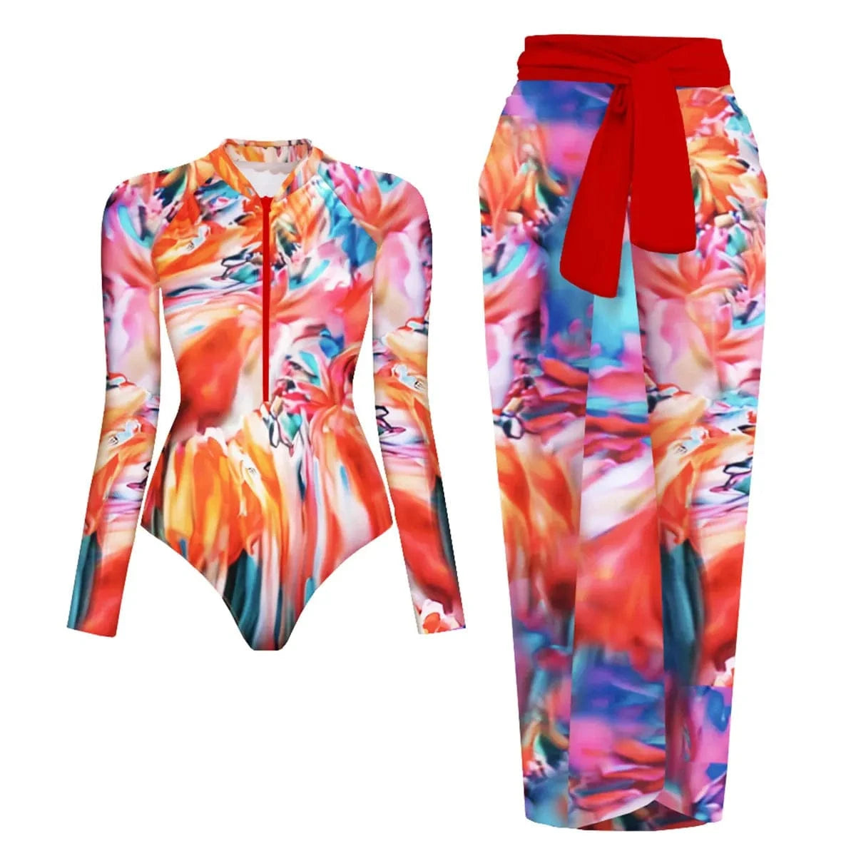One Piece Swimsuit Long Sleeve Zip Front Blue White One Piece Surf Swimsuit and Sarong Swimwear Slimming Bathing Suit Beach Wear - A-1 Thread Vault