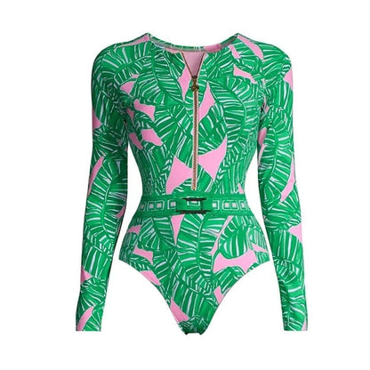 One Piece Swimsuit Long Sleeve Zip Front Blue White One Piece Surf Swimsuit and Sarong Swimwear Slimming Bathing Suit Beach Wear - A-1 Thread Vault