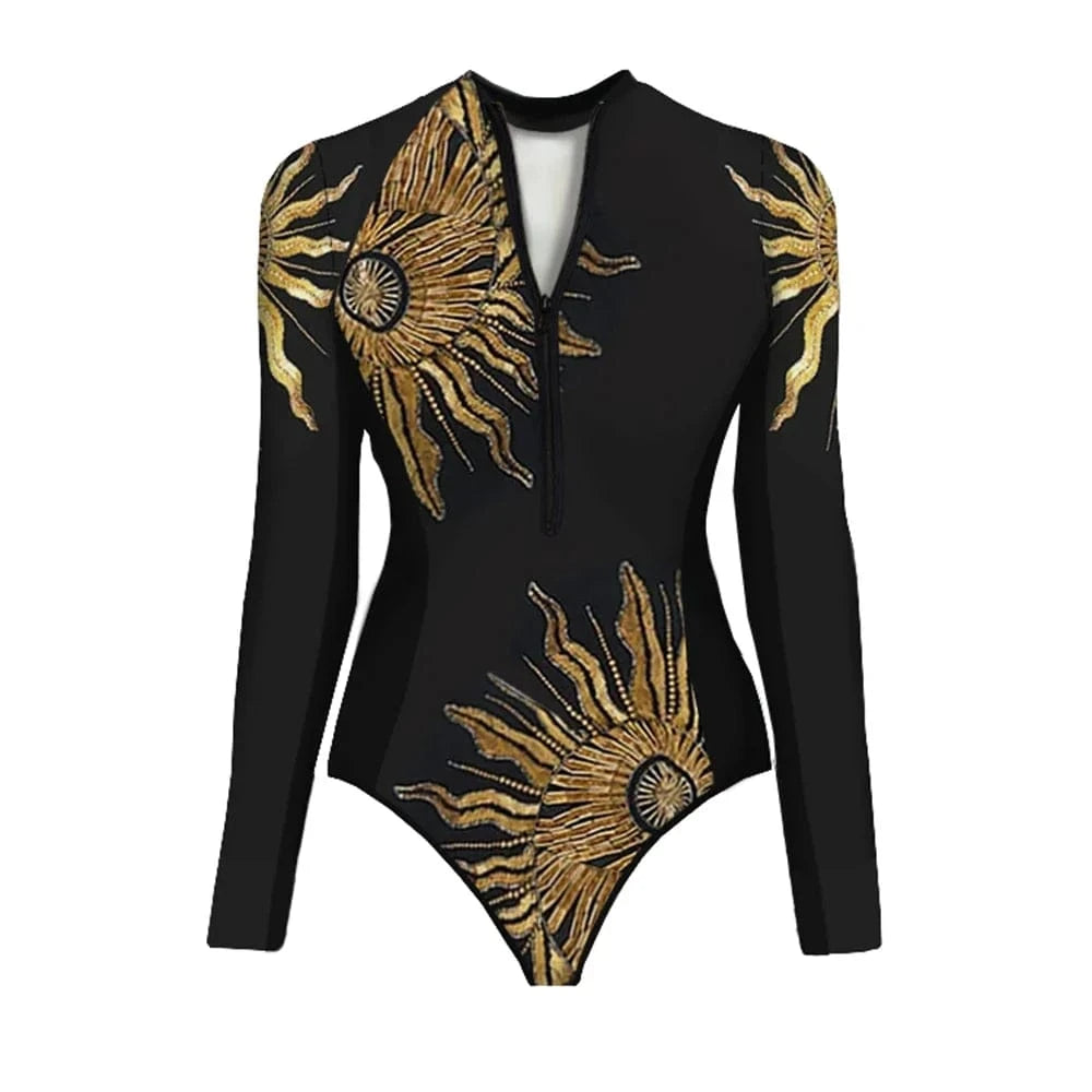 One Piece Swimsuit Long Sleeve Zip Front Blue White One Piece Surf Swimsuit and Sarong Swimwear Slimming Bathing Suit Beach Wear - A-1 Thread Vault