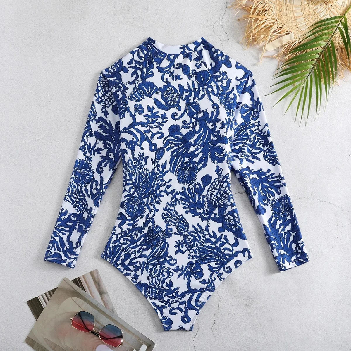 One Piece Swimsuit Long Sleeve Zip Front Blue White One Piece Surf Swimsuit and Sarong Swimwear Slimming Bathing Suit Beach Wear - A-1 Thread Vault