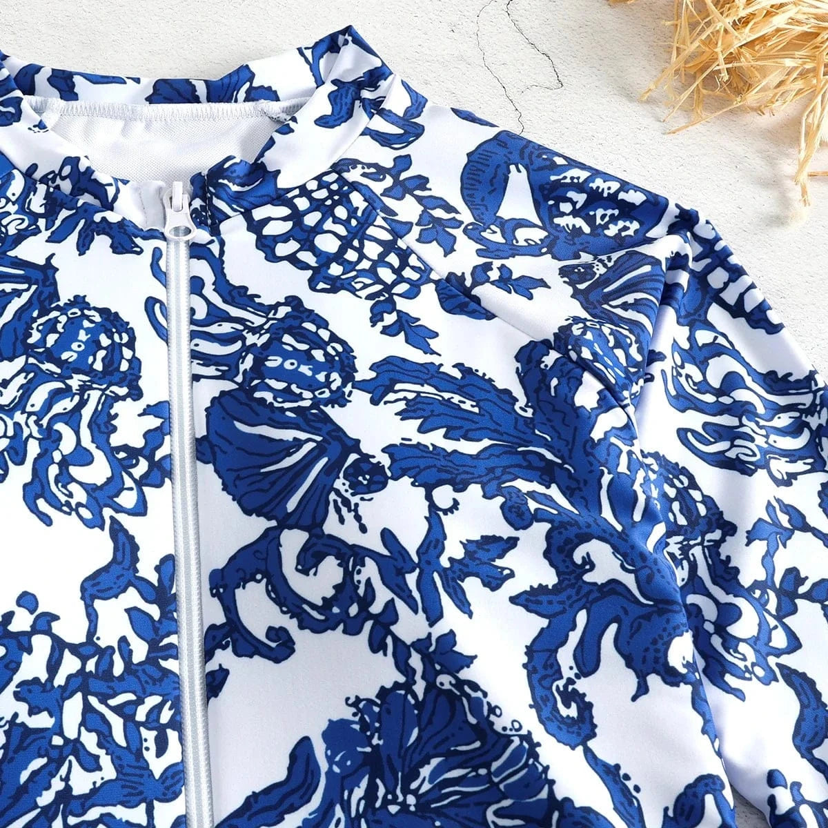 One Piece Swimsuit Long Sleeve Zip Front Blue White One Piece Surf Swimsuit and Sarong Swimwear Slimming Bathing Suit Beach Wear - A-1 Thread Vault