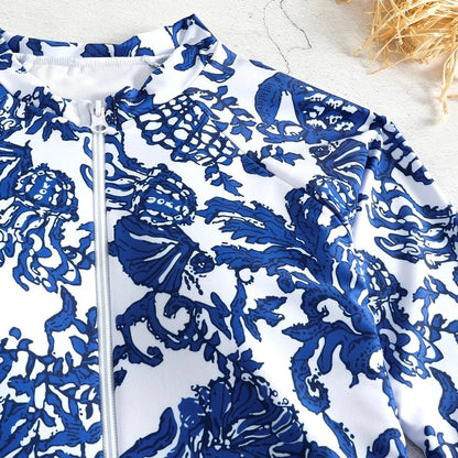 One Piece Swimsuit Long Sleeve Zip Front Blue White One Piece Surf Swimsuit and Sarong Swimwear Slimming Bathing Suit Beach Wear - A-1 Thread Vault